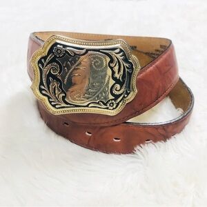 TONY LAMA Mens Brown Genuine Leather Belt Big Buckle Gold Western Cowboy Size 38